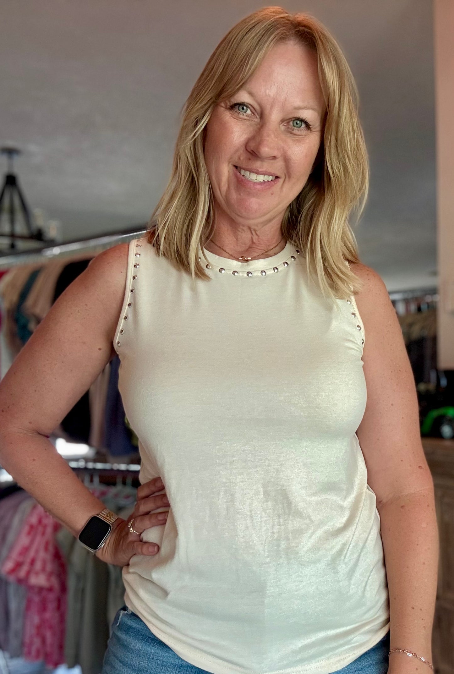 Rowdy Studded Tank Cream
