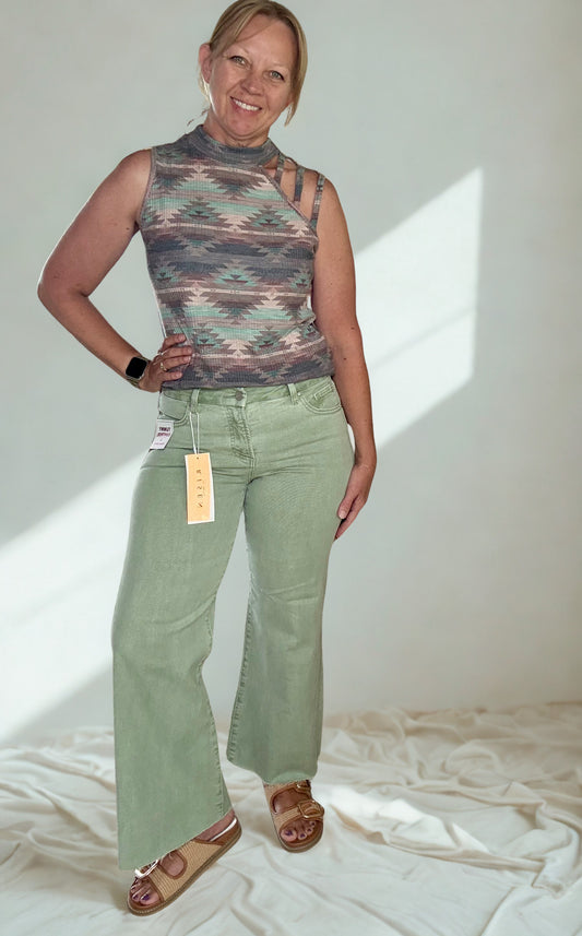 Risen Olive Mid Rise Tummy Control Wide Leg Pants