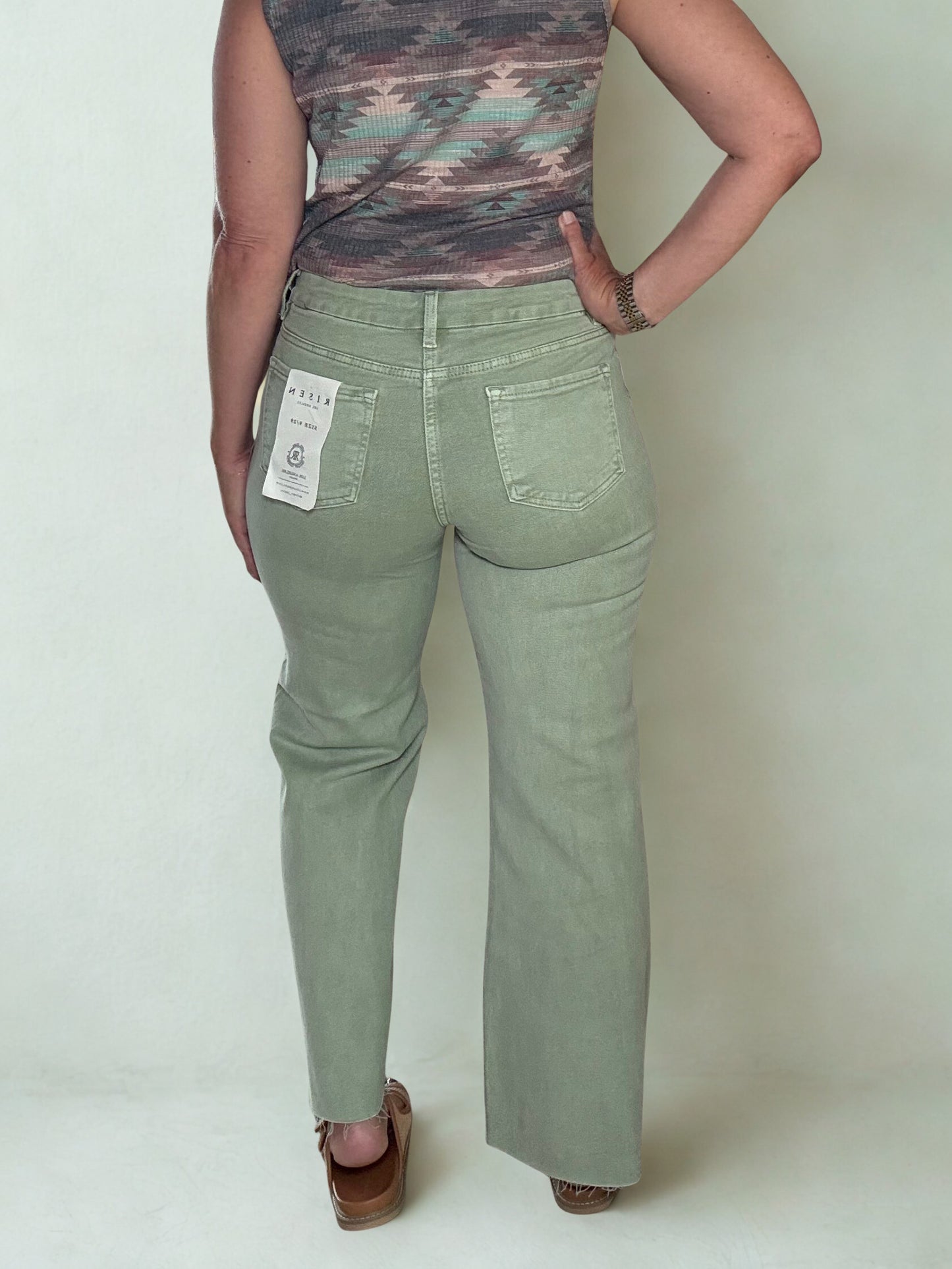 Risen Olive Mid Rise Tummy Control Wide Leg Pants