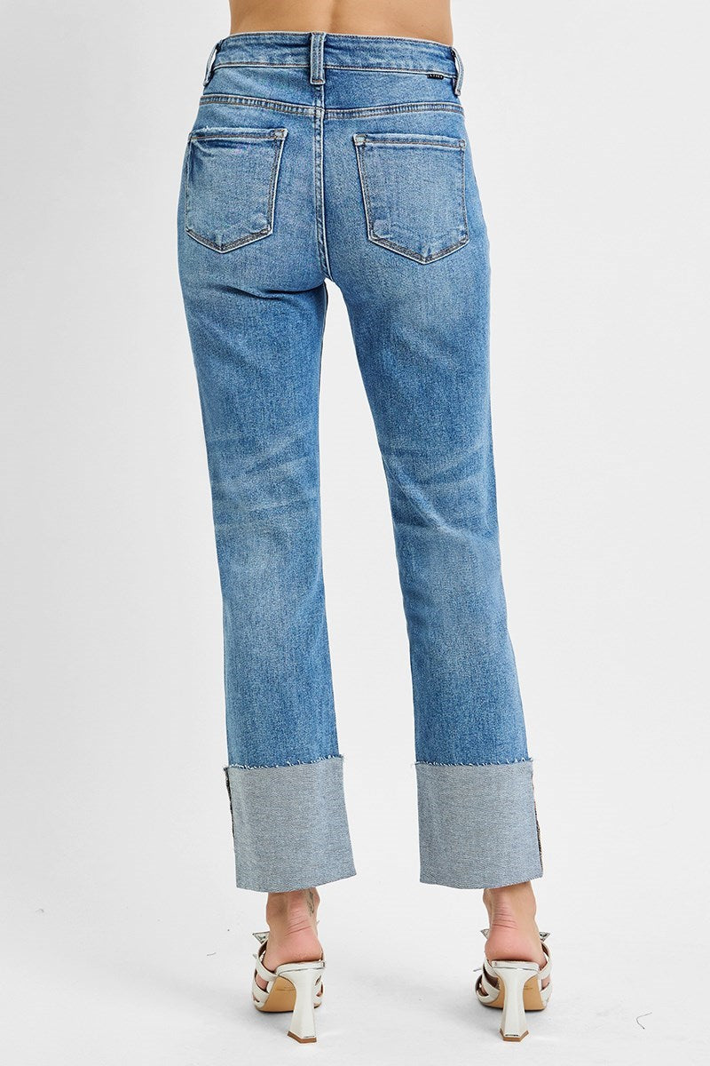 High Rise Wide Cuffed Straight Leg Risen Jean