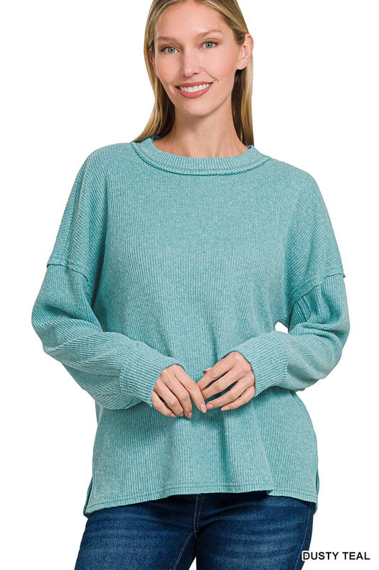 Dusty Teal Ribbed Hi-Low Sweater