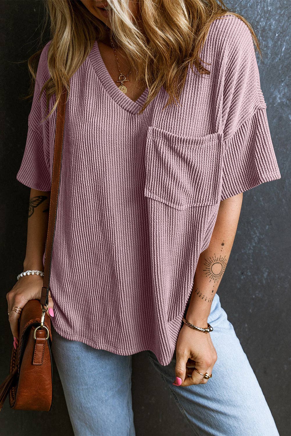 Corded V Neck Loose Fit Tee