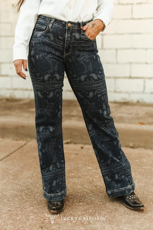 Dark Wash High Rise Western Bandana Printed Bootcut Jean