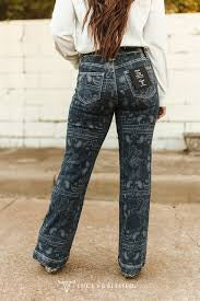 Dark Wash High Rise Western Bandana Printed Bootcut Jean