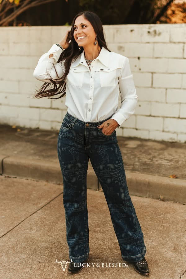 Dark Wash High Rise Western Bandana Printed Bootcut Jean