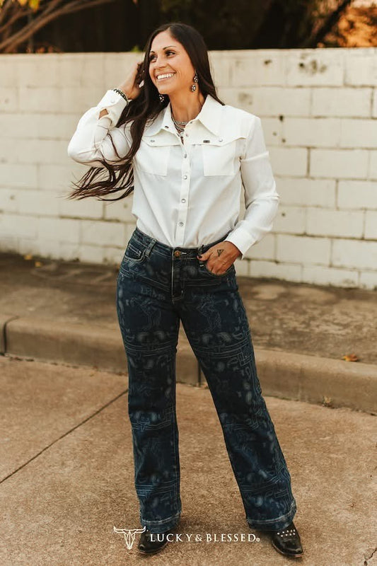 Dark Wash High Rise Western Bandana Printed Bootcut Jean