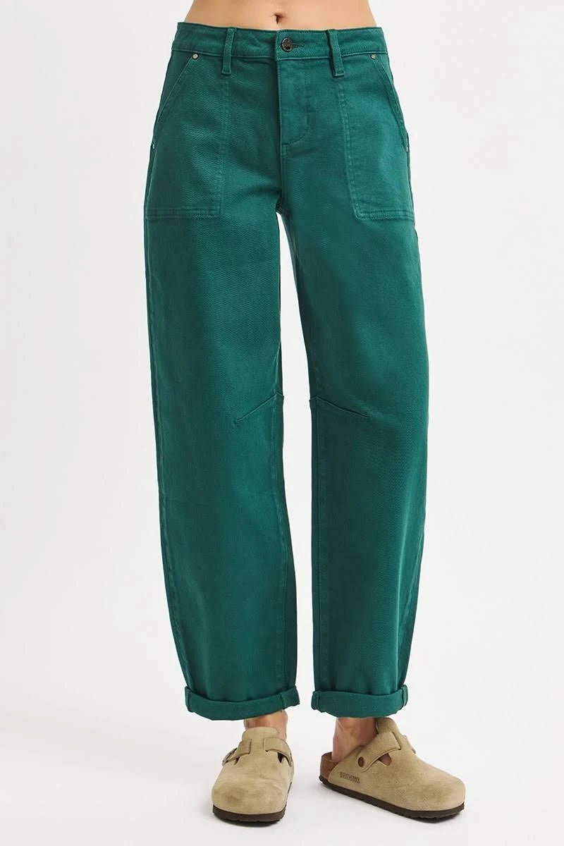 High Rise Ankle Cuff Barrel Jeans-Green